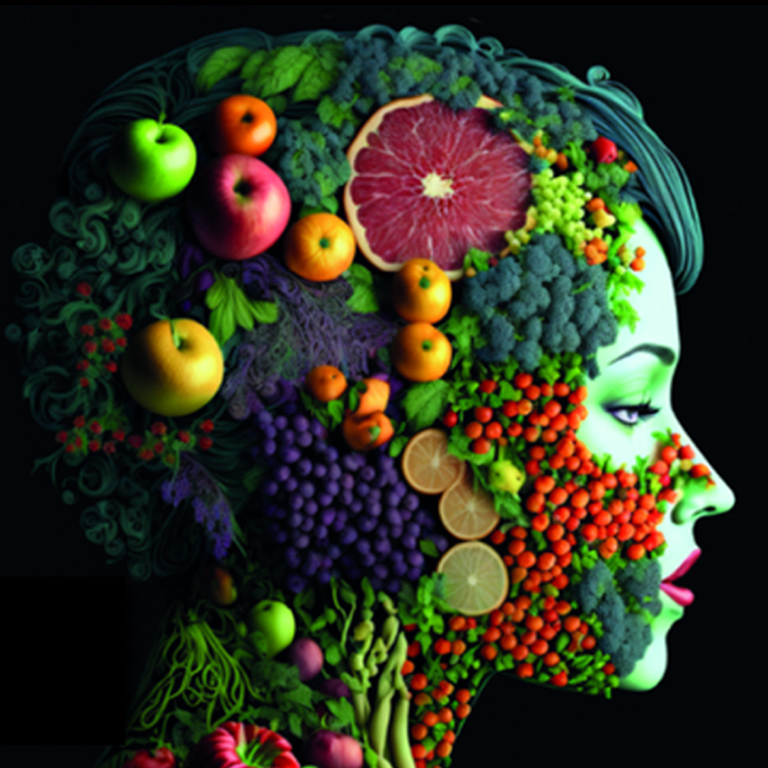 La donna simbolo di Fiera Benessere & Bio, composta di frutta e verdura